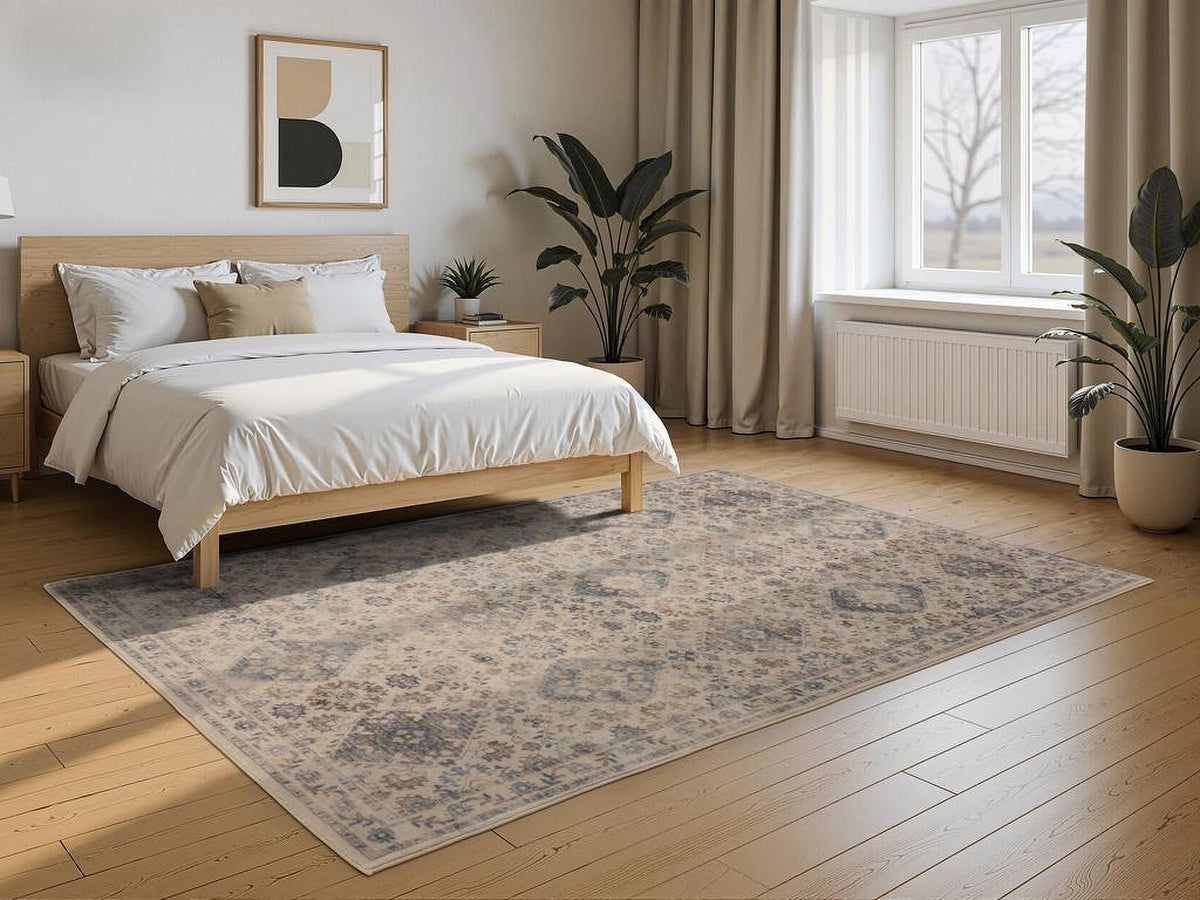 Tapis Moissac, coloris beige et gris, motif 2, dans une pièce