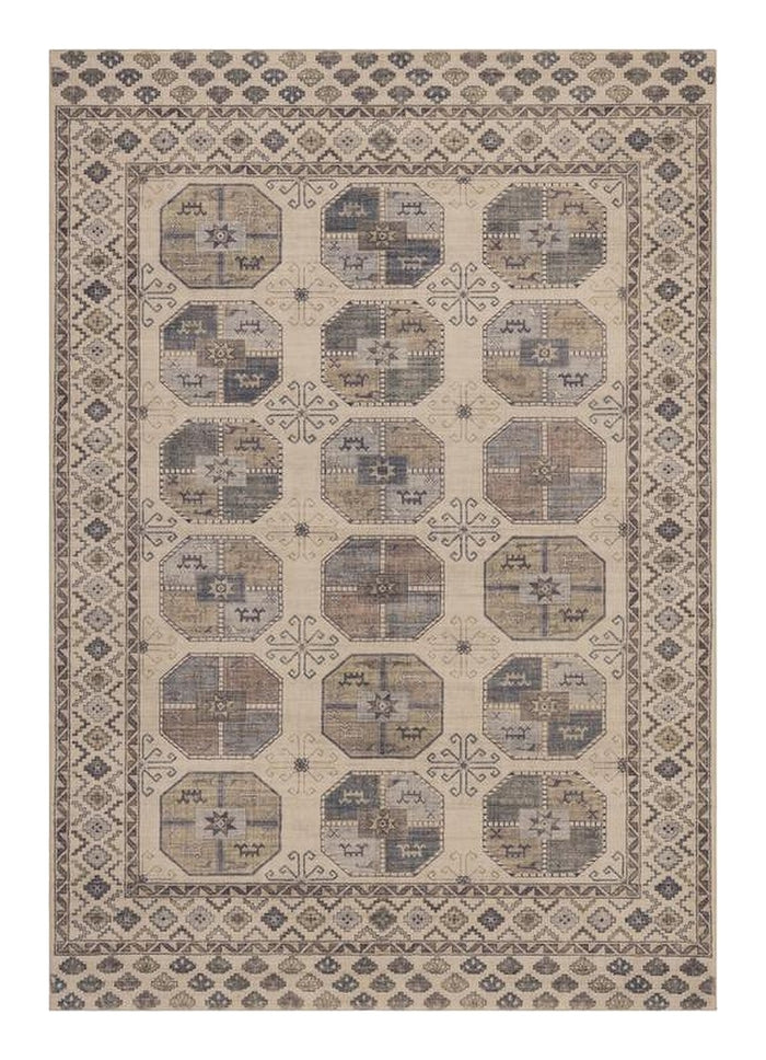 Tapis Moissac beige et gris à médaillons, vue de dessus