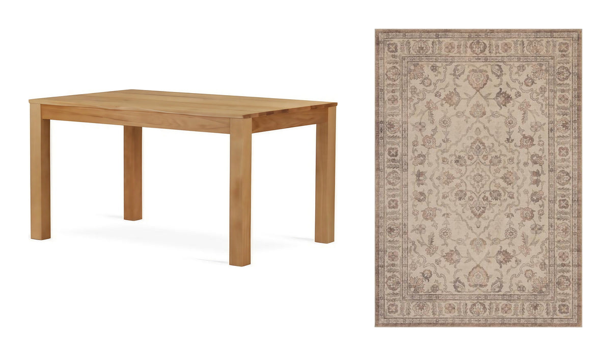 Pack Léon + Moissac : Table Léon et Tapis Moissac beige et terracotta, côte à côte