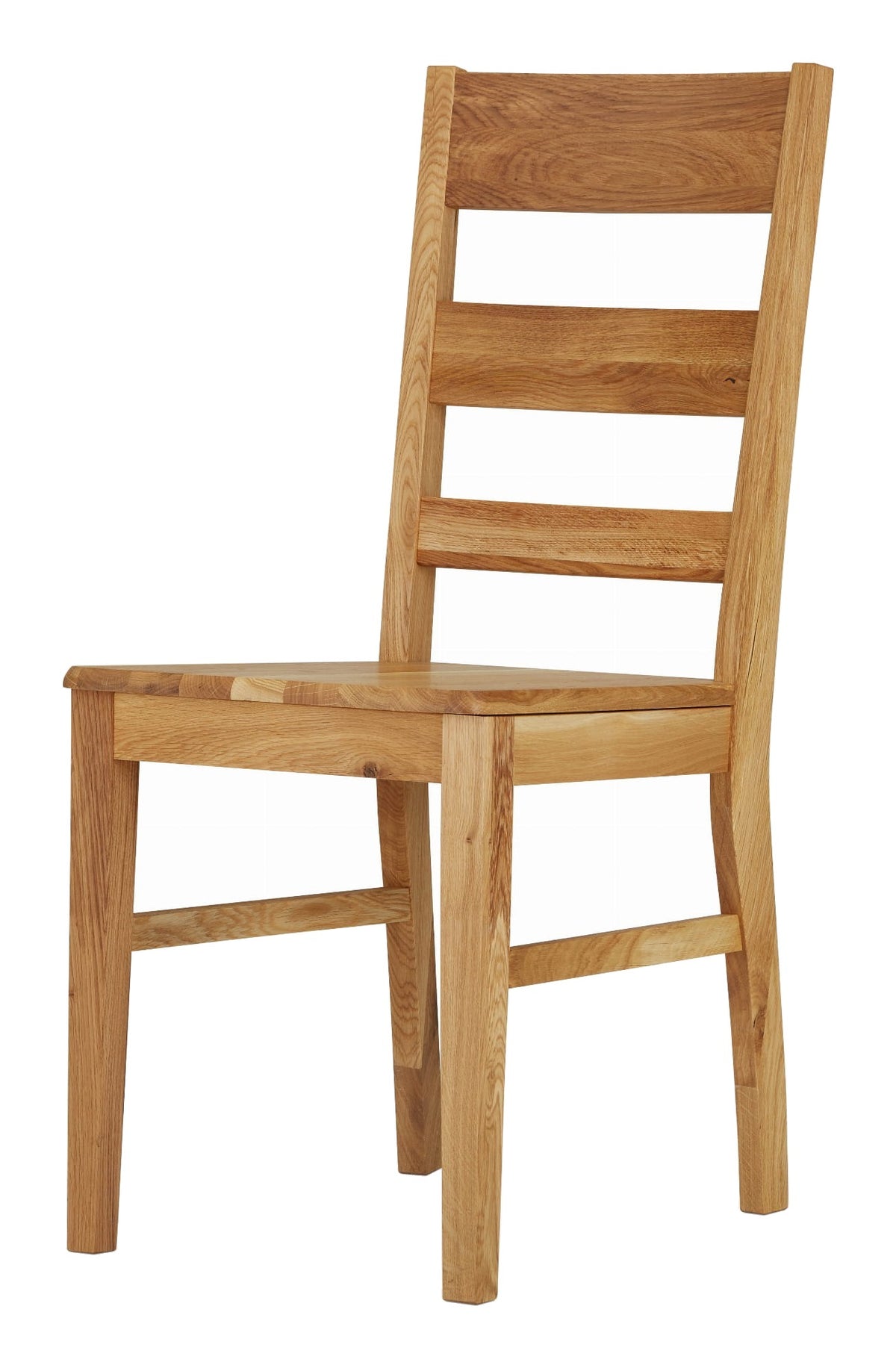 Chaise Émile en chêne massif, dossier de trois planches, vue de trois quarts