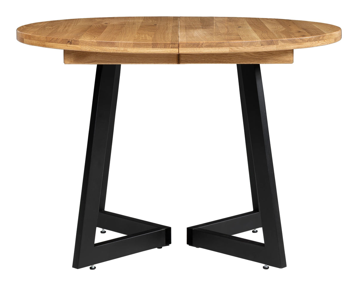 Table ronde Lucie fermée, plateau en chêne massif et pieds en acier noir