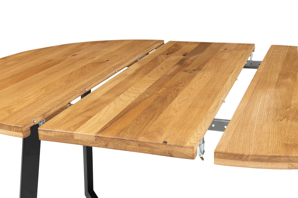 Table ronde Lucie, l'allonge en chêne massif de près
