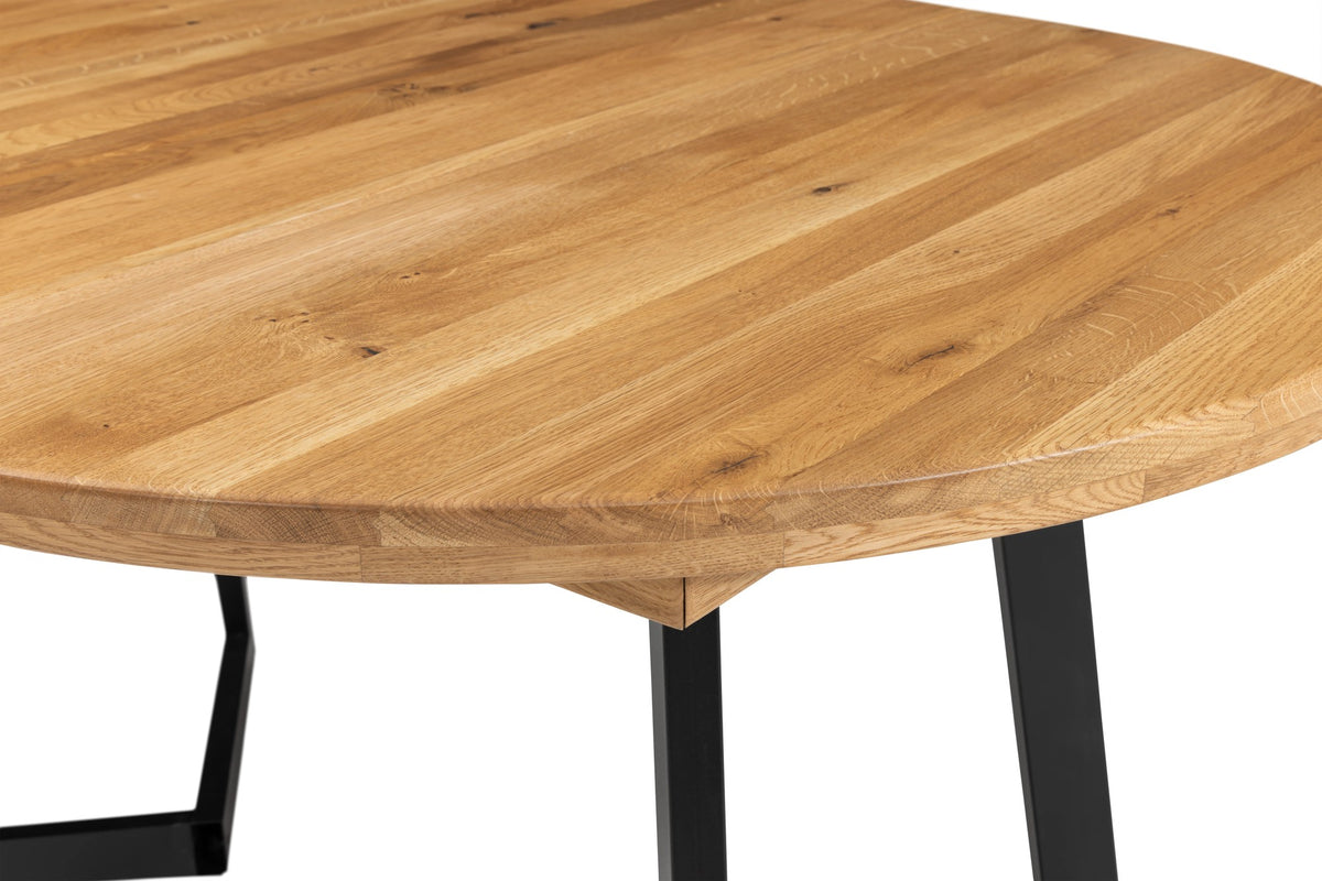 Table ronde Lucie, le bord du plateau en chêne de près