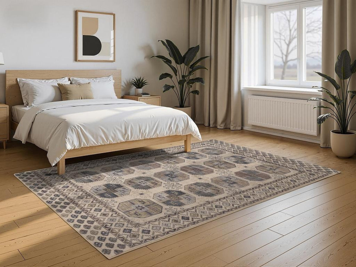 Tapis Moissac, coloris beige et gris, motif 1, dans une pièce