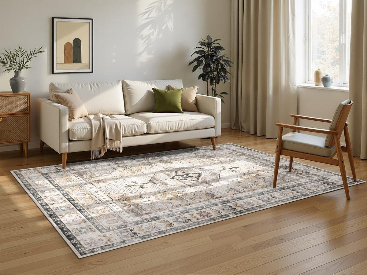 Tapis Millau, coloris beige nuancé, dans une pièce