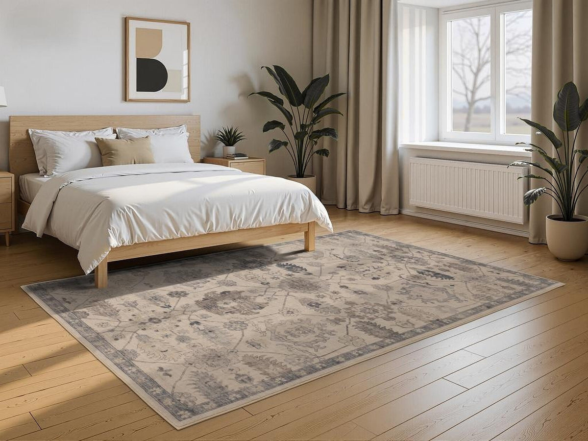 Tapis Moissac, coloris beige et bleu, dans une pièce