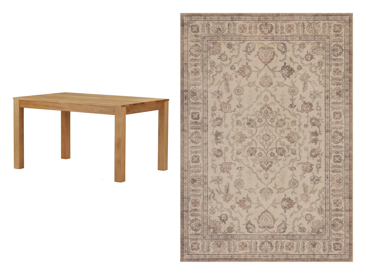 Ensemble Léon + Moissac : Table Léon et Tapis Moissac beige et terracotta, côte à côte